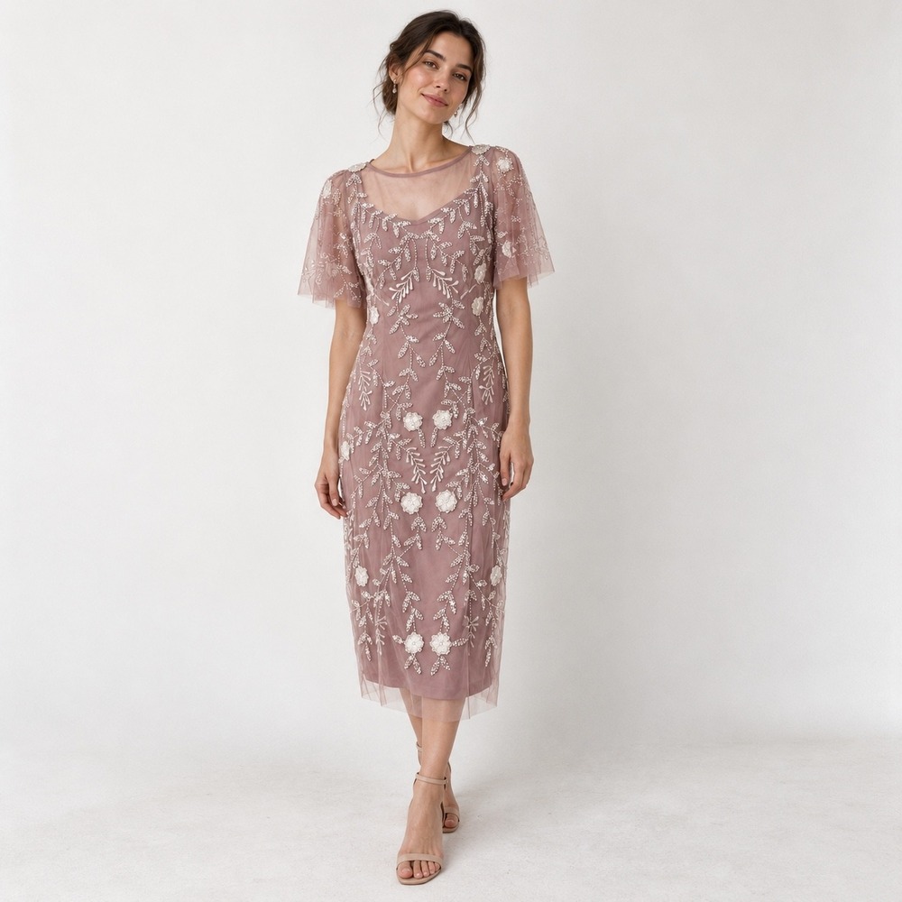 Adrianna Papell Beaded Mesh Midi Dress Size 6 Mauve Floral Cocktail Flutter